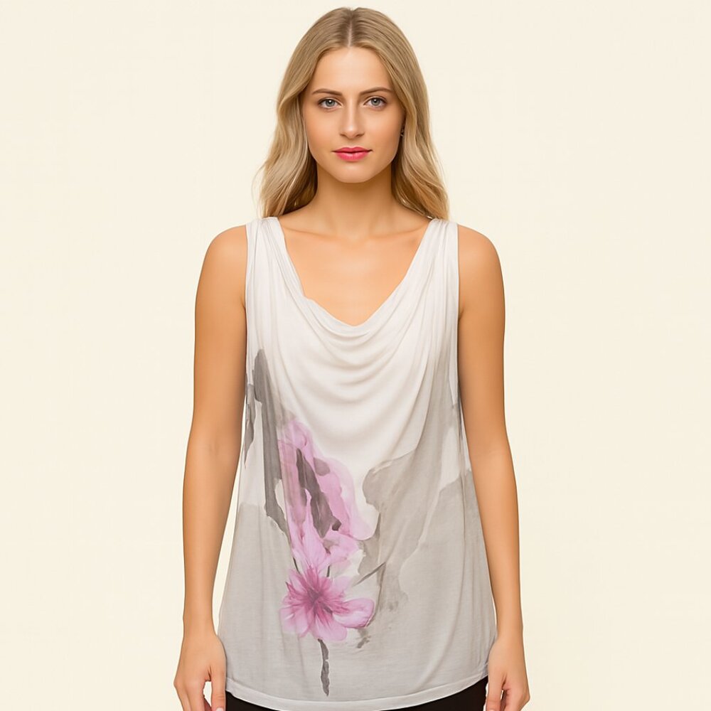 Angela Mara 100% silk Made in Italy sleeveless Romantic Floral Art blouse Size L